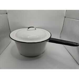Vintage White with Black Trim Enamelware Saucepan with Handle / Rustic Farmhouse